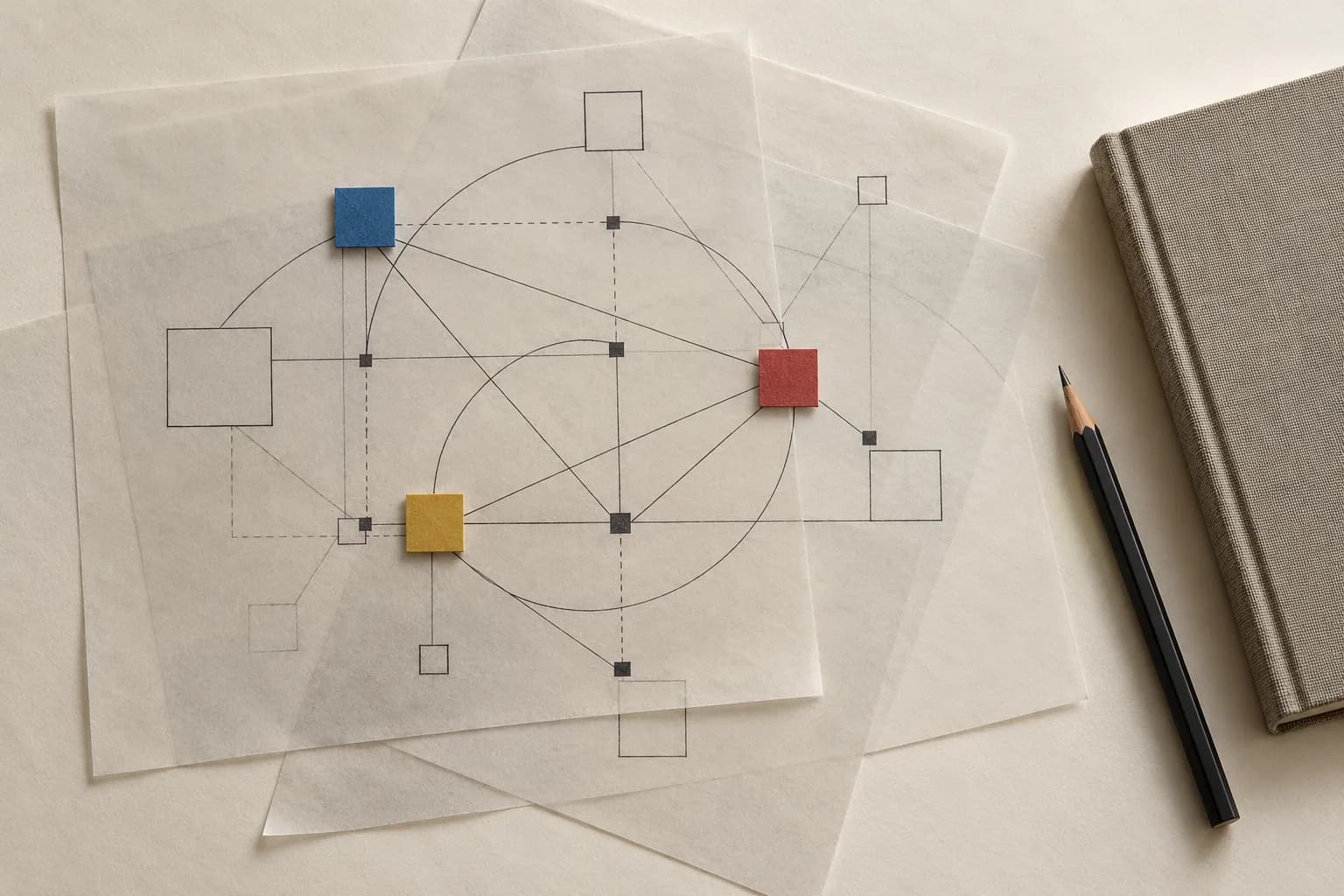 Paper sheets show a hand-drawn map of connected ideas, with separate blue, red and yellow tiles.