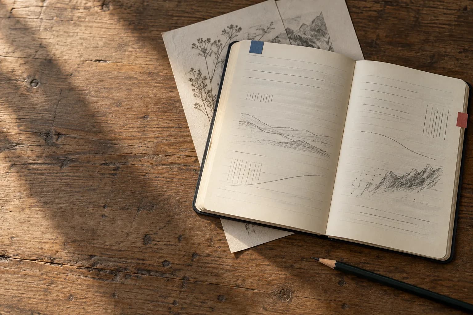 An open research notebook with pencil sketches and colored tabs on a paper desk.