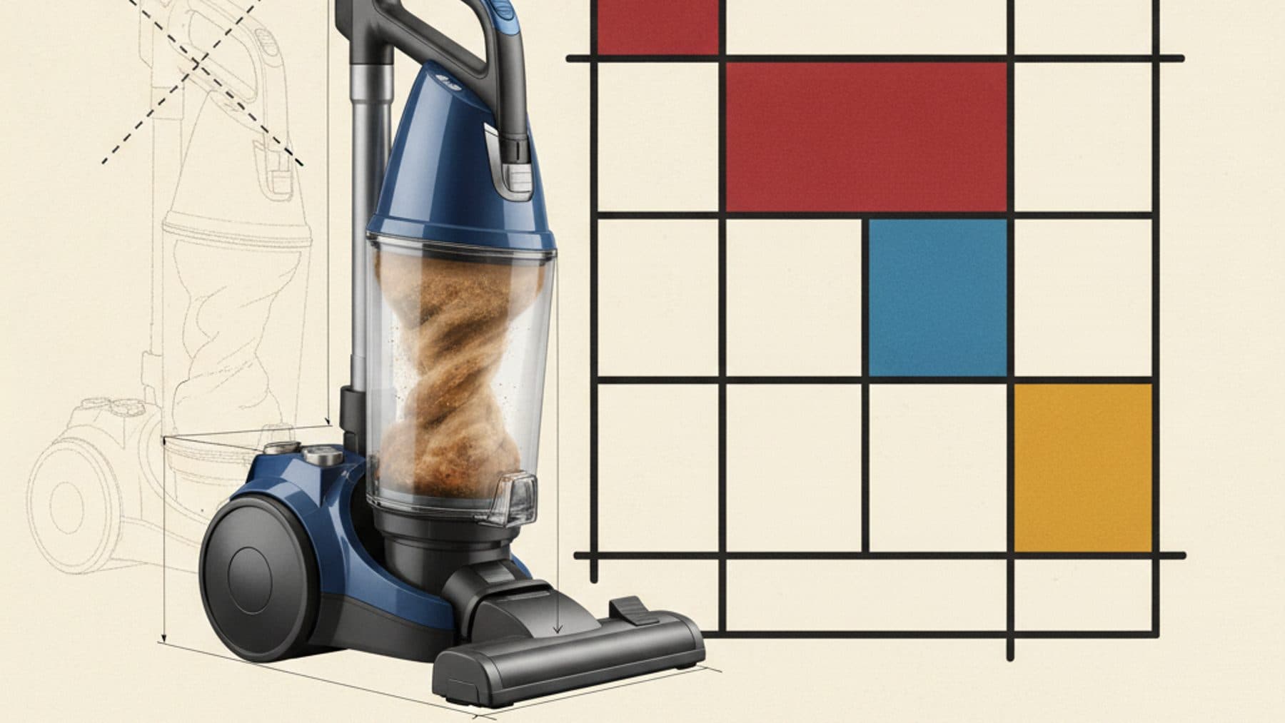 A cutaway of a bagless vacuum cleaner with a clear dust bin and the faint outline of the old dust bag it no longer needs.
