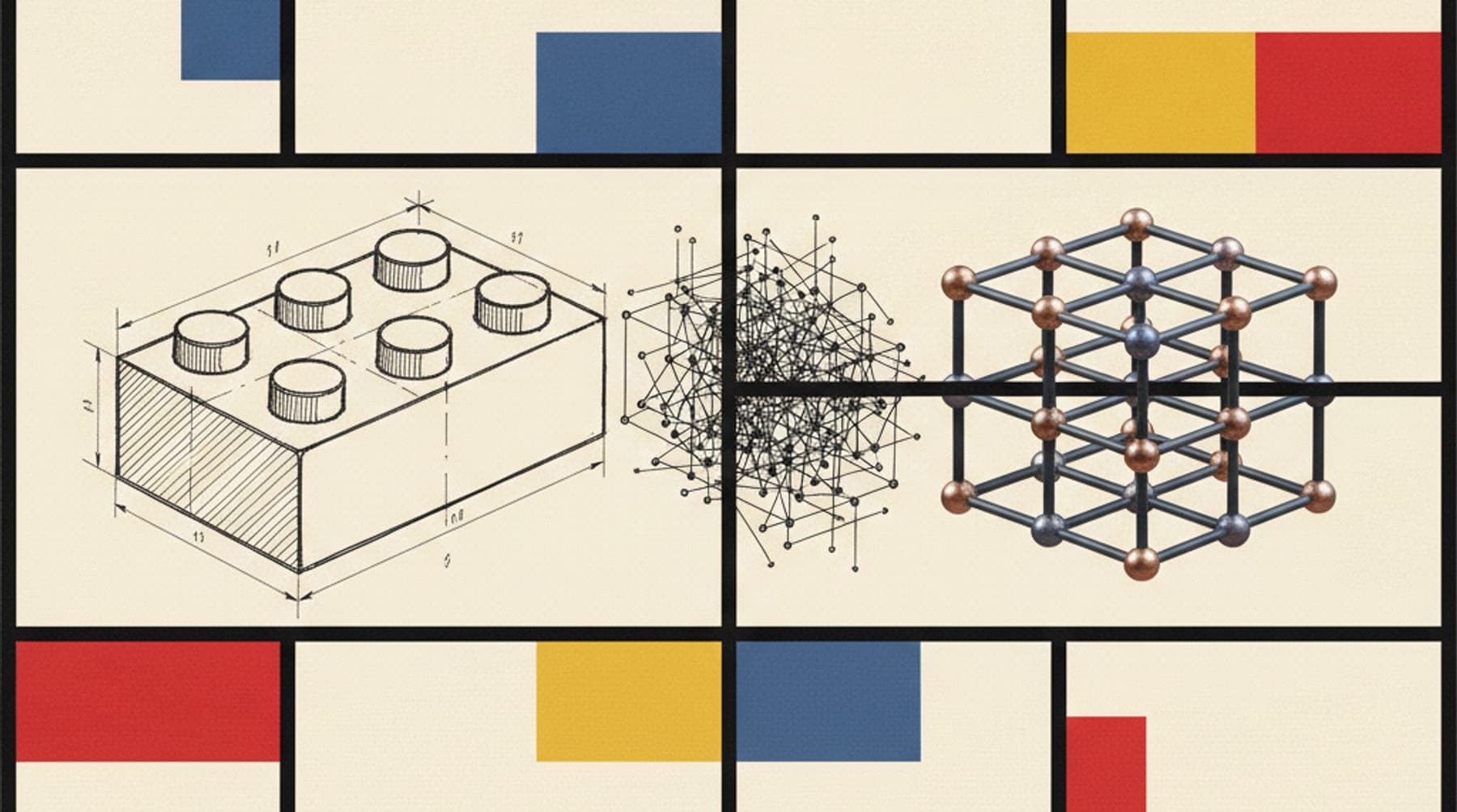 A toy building brick on the left turns into a crystal lattice of metal nodes joined by straight rods on the right.
