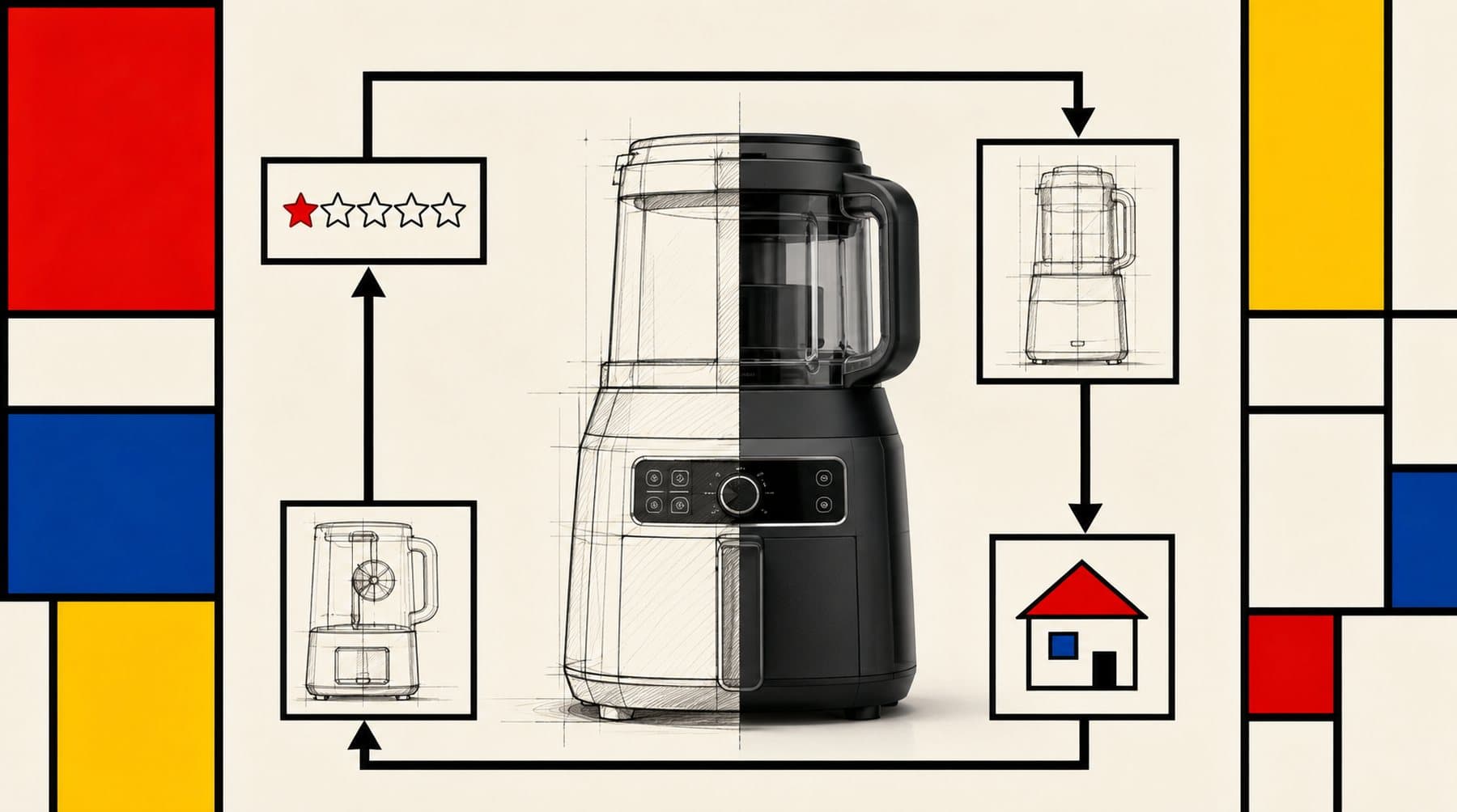 A countertop kitchen appliance taken apart into a loop of one-star reviews, prototypes and tests at home.