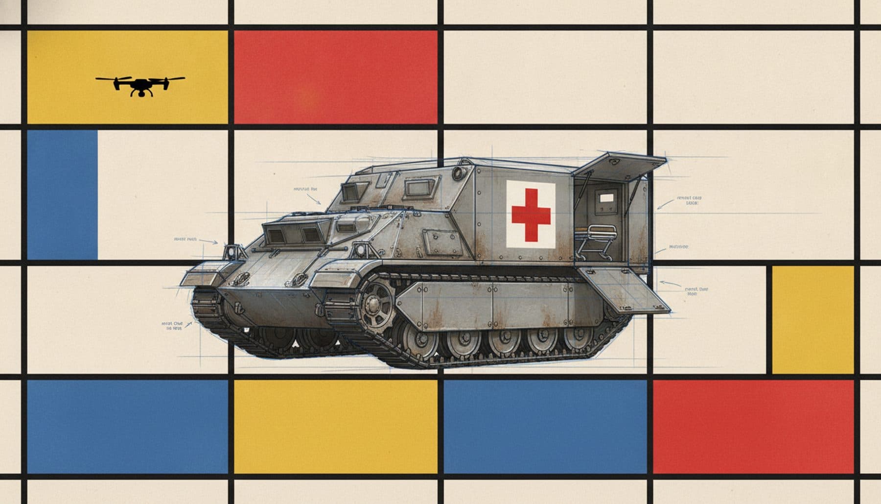 An armored tracked vehicle turned into a field ambulance with a red cross panel, while a small drone watches from above.