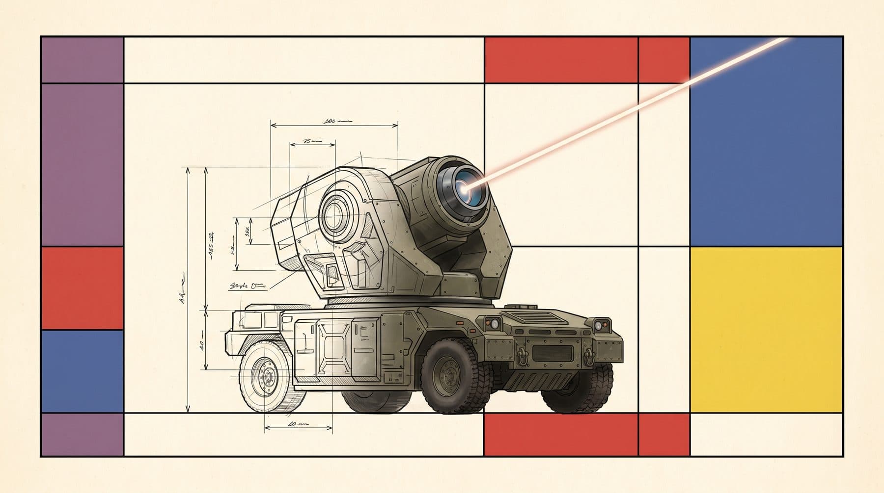 A ground-mounted laser turret, a sketch on the left and a realistic rendering on the right, firing one beam of light.