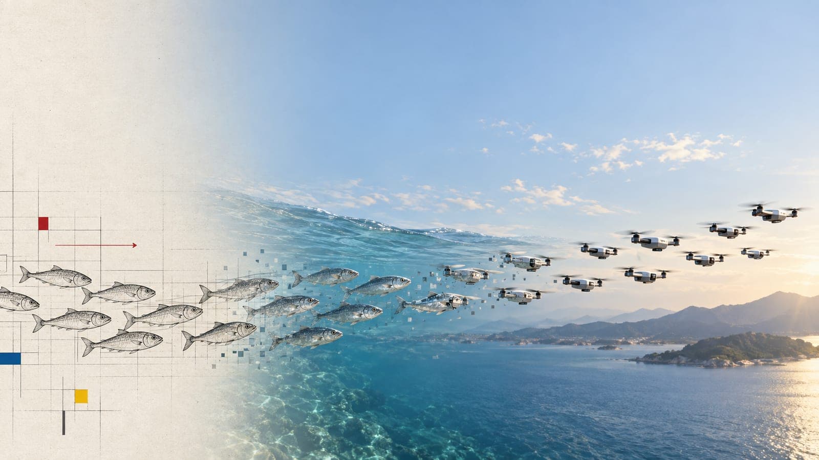A school of fish on the left turns into a swarm of small machines flying in the same formation on the right.