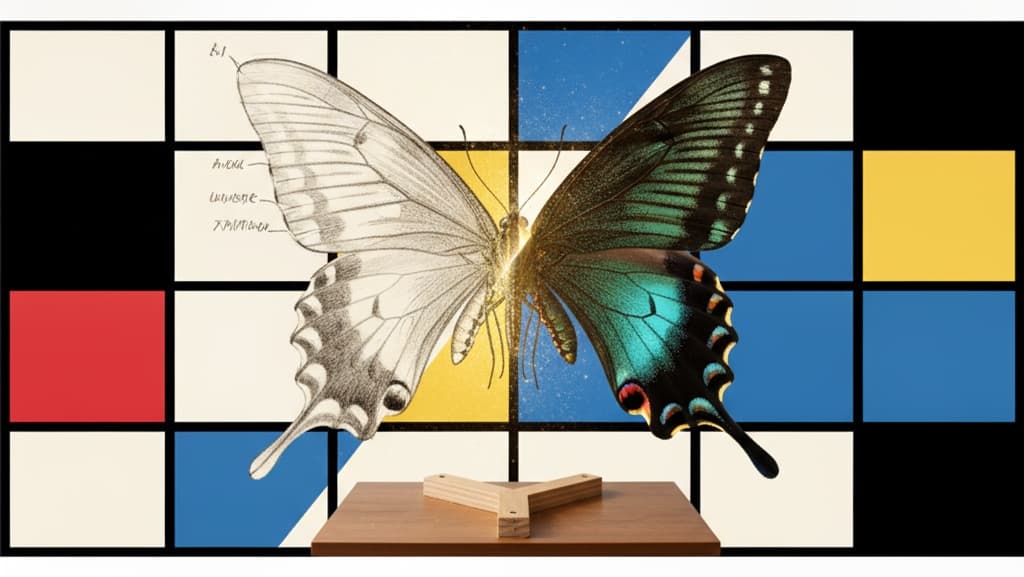 A swallowtail butterfly split down the middle: one wing an unfinished sketch, the other in full color.