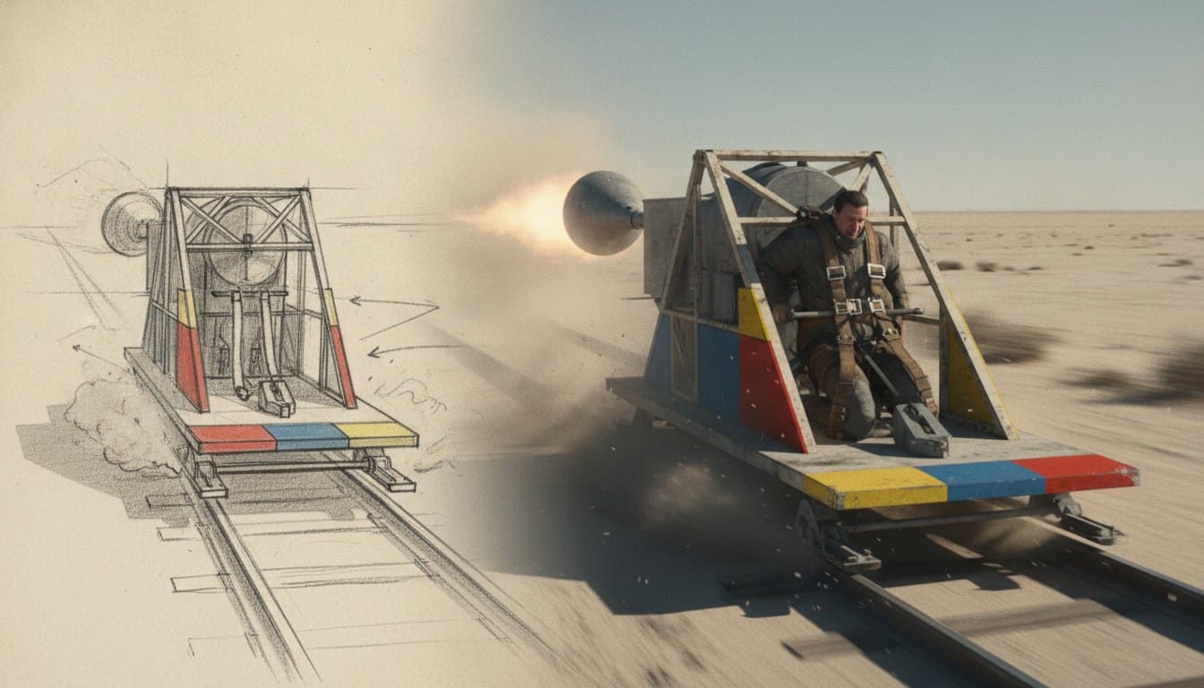 An engineering sketch of a rocket sled becomes a realistic view of its rider and desert test track.