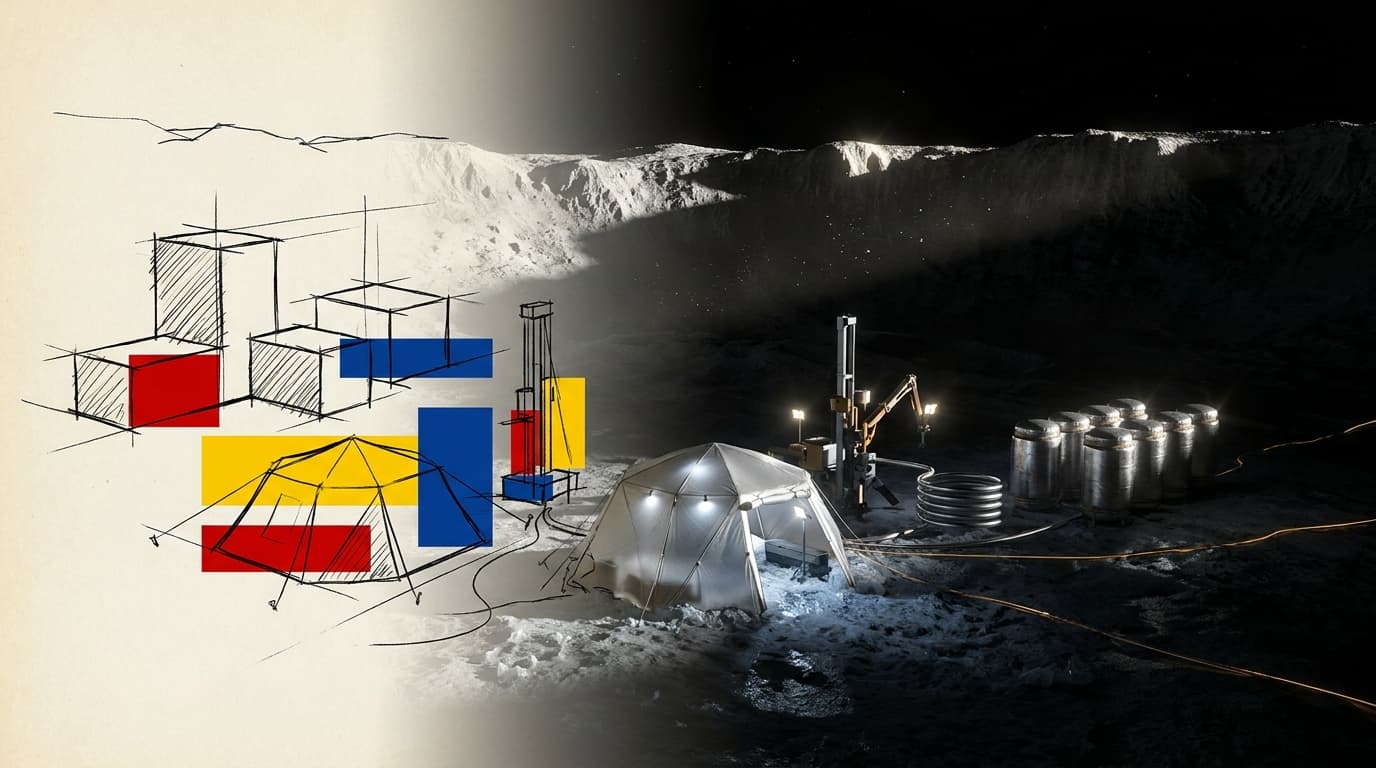 A water-extraction site on the floor of a dark lunar crater: a tent over icy ground, a drilling rig and a row of storage tanks.