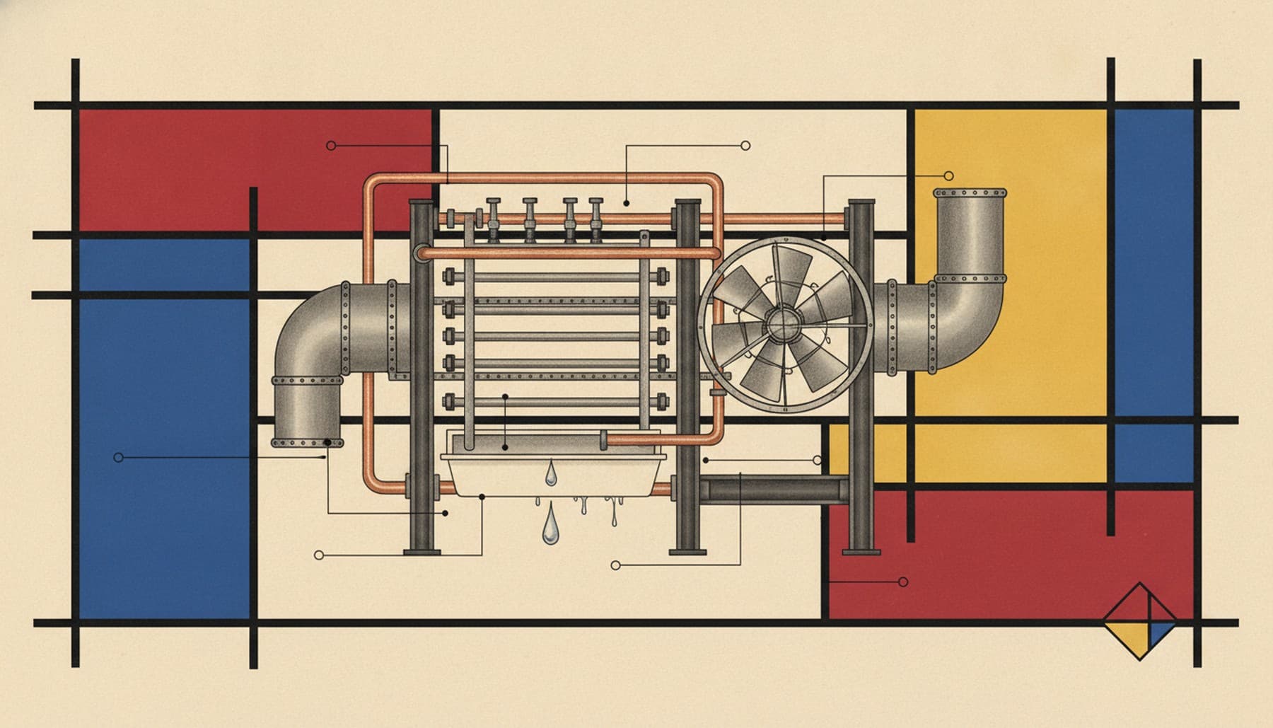 A 1902 air-conditioning machine drawn as a blueprint, with cooling coils, copper pipes, a fan wheel and a falling drop of water.