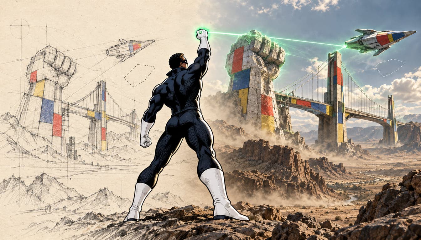 A comic-book ring bearer seen from behind raises a green-glowing ring and builds a giant fist, a bridge and a spacecraft. A sketch on the left becomes a realistic scene on the right.