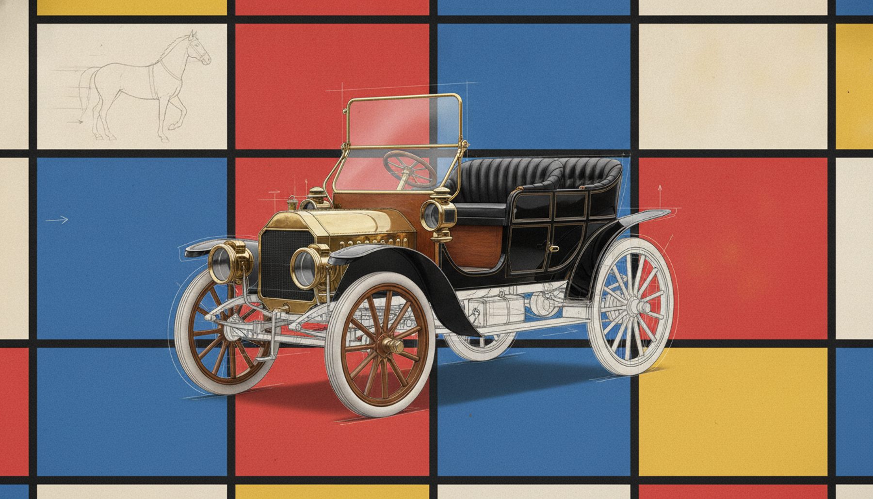 A brass-era automobile drawn as a De Stijl industrial-design concept sketch with photorealistic brass and coach-paint parts, a ghosted sketch of a horse fading away behind it inside a Mondrian grid.