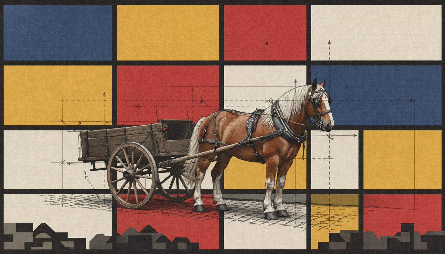 A De Stijl industrial-design plate: a Victorian street dense with horse-drawn traffic and steaming manure piles on the left dissolves across a Mondrian grid into a clean motorcar-era avenue on the right. The horses become automobiles. The crisis becomes history.