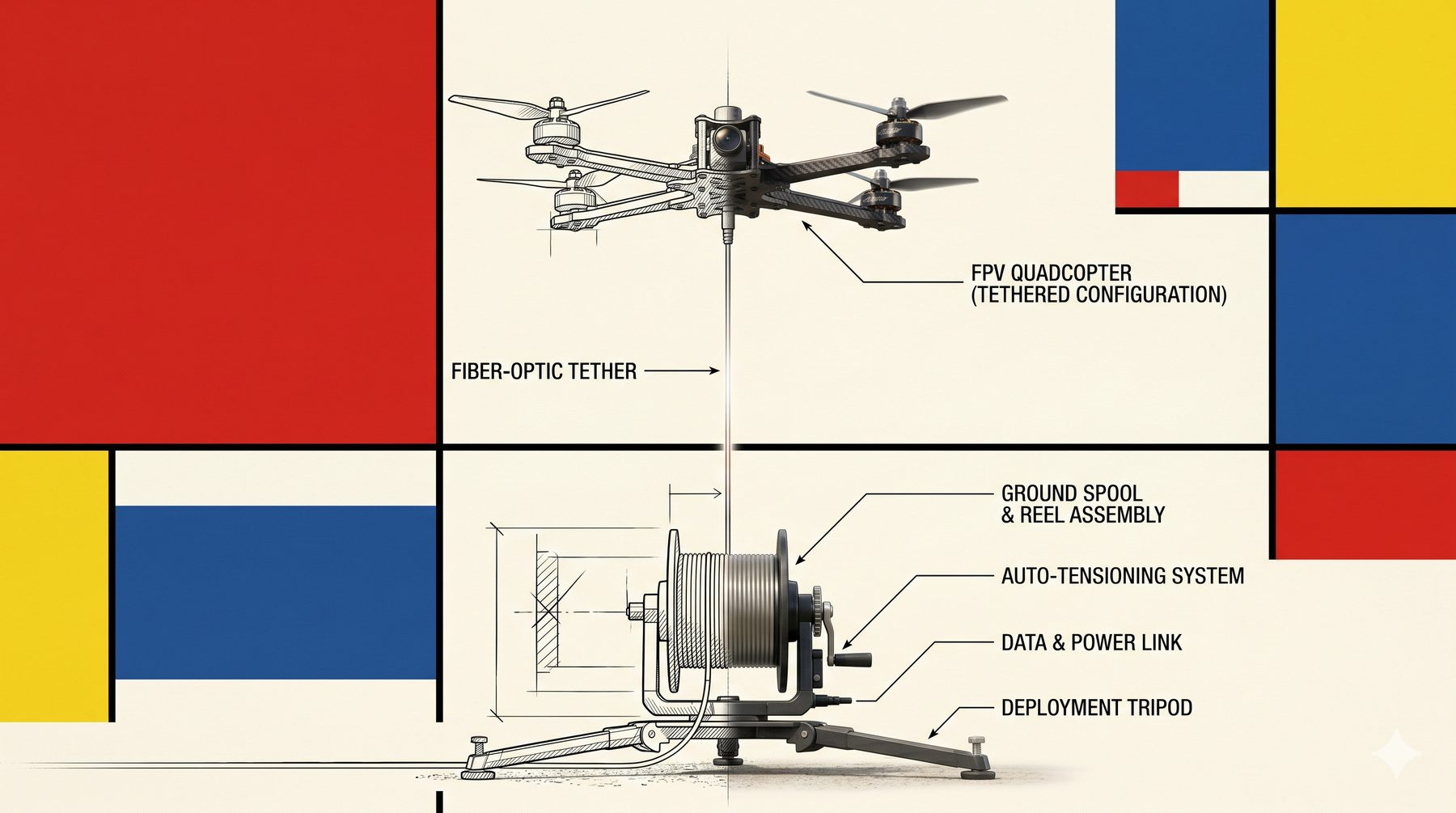 A fiber-optic tethered FPV drone drawn as a De Stijl industrial-design concept sketch with photorealistic parts: a carbon-fiber frame, motors, propellers, camera, goggles, and a glowing fiber-optic tether unspooling to a ground reel, inside a Mondrian grid.