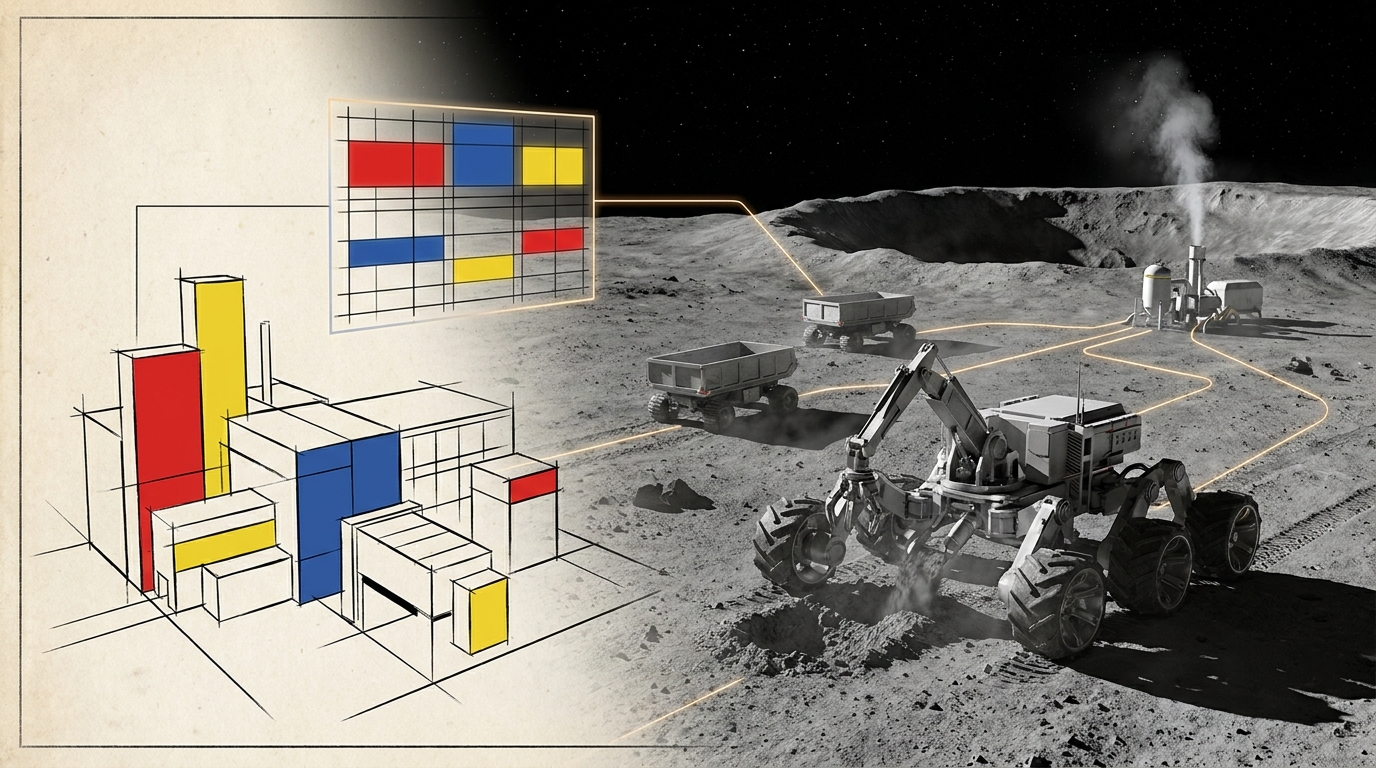 An autonomous lunar mining operation drawn as a De Stijl industrial concept sketch on the left resolving into a photorealistic rendering on the right: a six-legged excavator, hauler rovers, and a water-extraction plant venting vapor near a crater rim, every machine connected by thin amber coordination lines to a floating Mondrian-grid control panel in red, blue, and yellow.