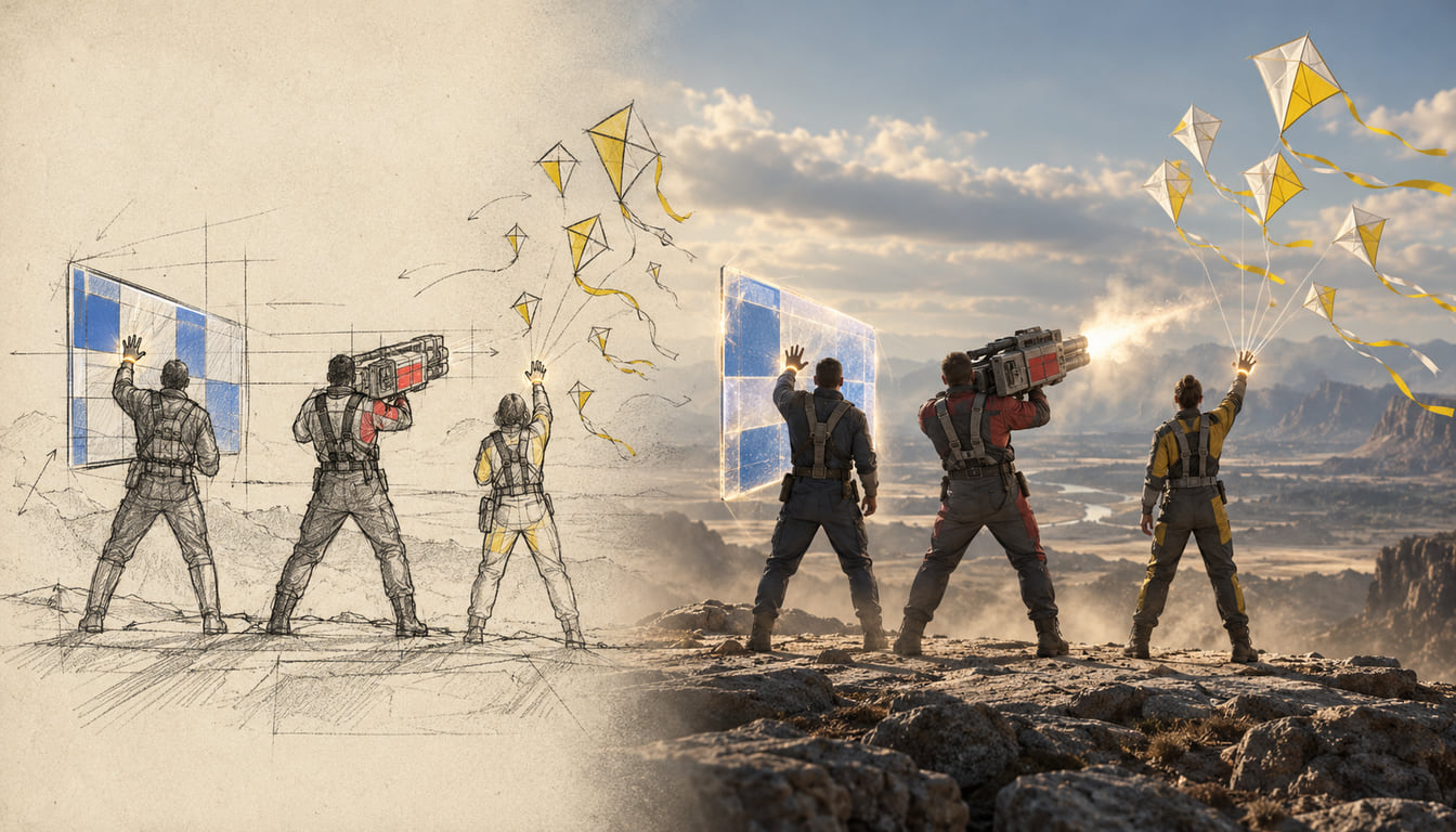 Three figures seen from behind each raise a hand with a glowing ring. One faces a tall blue and white wall, one carries a large launcher, one sends up a bunch of yellow kites. A pencil sketch on the left becomes a real, lit scene on the right.