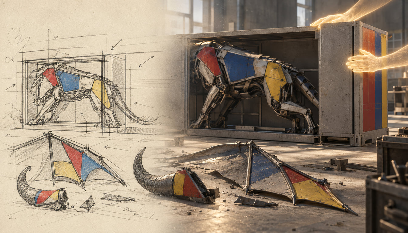A mechanical animal with red, blue and yellow plates is pressed into a plain metal crate by two glowing, see-through hands. Its horn and a wing lie cut off on the floor. A pencil sketch on the left becomes a real, lit workshop on the right.