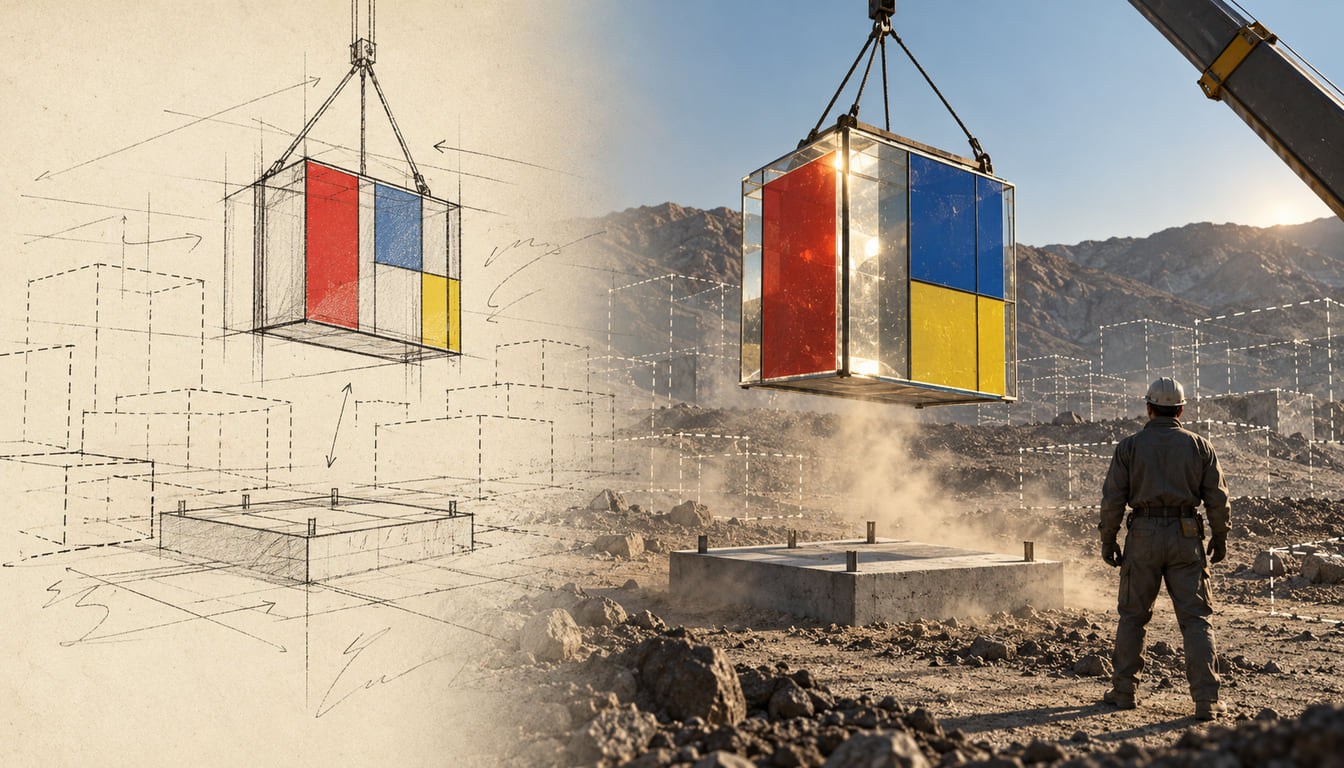 A glass cube with red, blue and yellow panels hangs from a crane above a concrete base. Faint dashed outlines of other cubes fill the ground around it, and a worker watches from behind. A pencil sketch on the left becomes a real, lit building site on the right.
