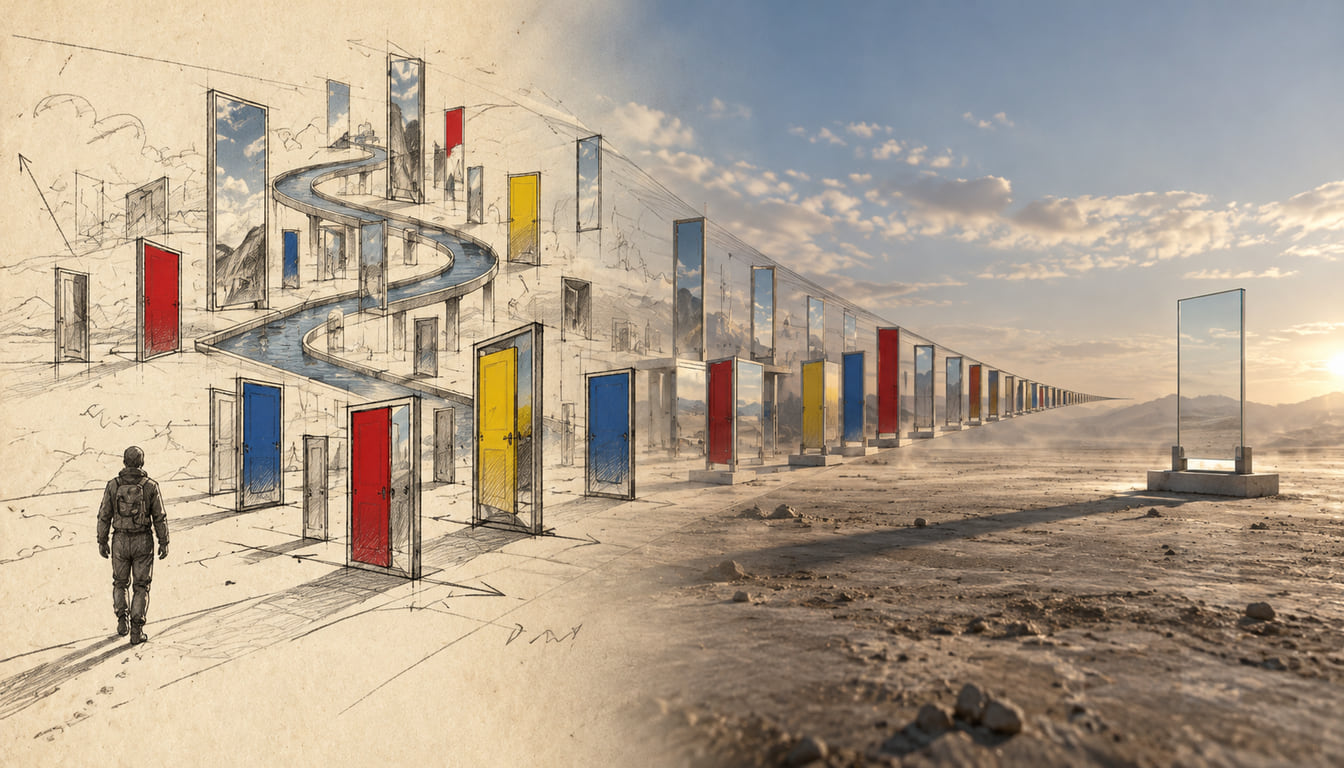 A figure seen from behind walks past rows of doors and glass panes in red, blue and yellow, with a winding path above. On the left it is a pencil sketch. On the right the rows thin out toward the horizon and end at one empty glass frame.