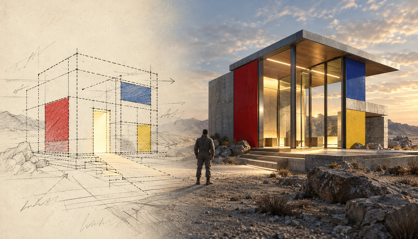 A figure seen from behind stands before a house with red, blue and yellow panels. On the left it is a pencil sketch with dashed construction lines. On the right it is a real, lit building in the desert at sunset.