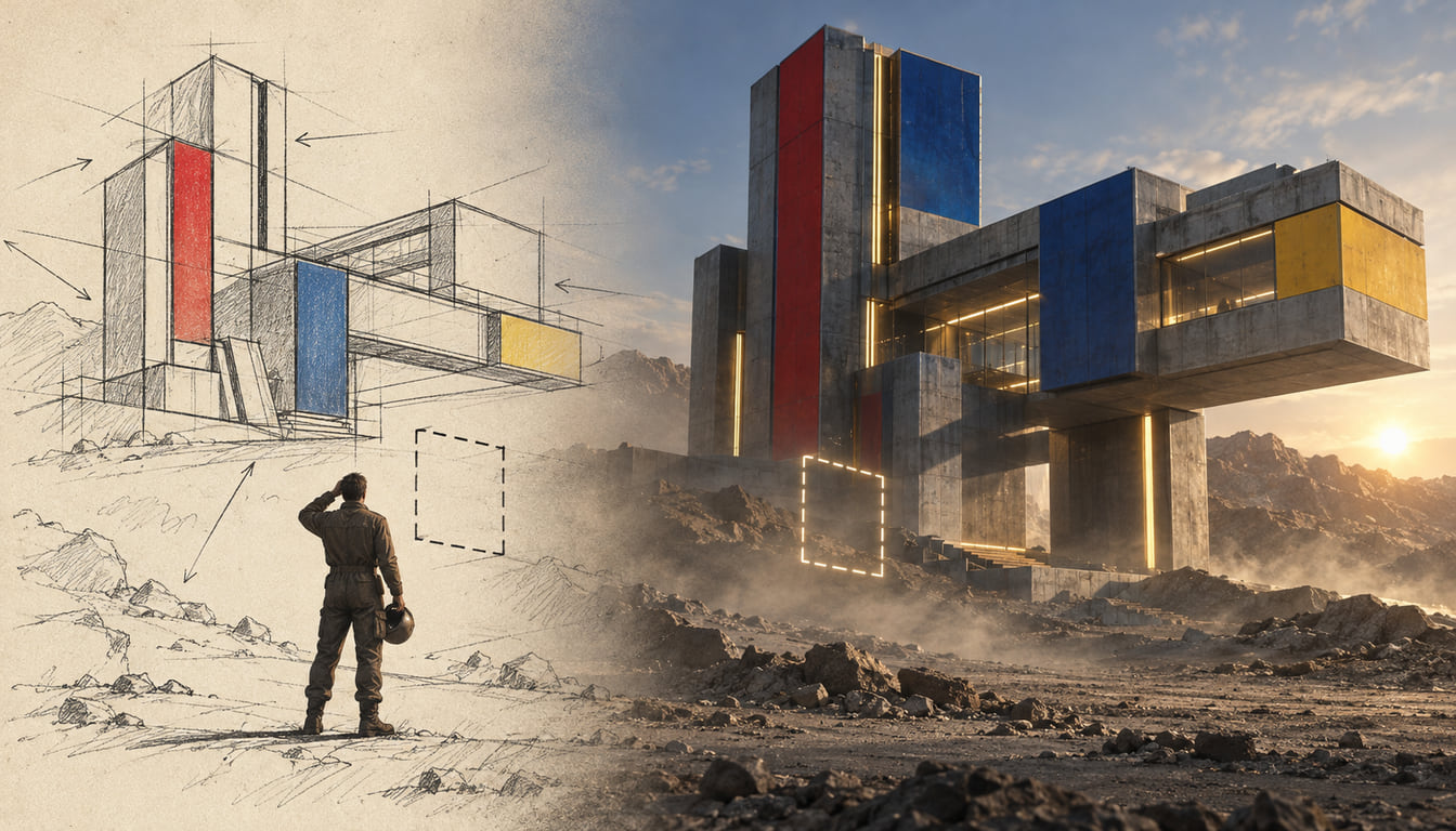 A figure seen from behind, a helmet in one hand, looks at a large finished concrete tower with red, blue and yellow panels. A dashed outline of one empty square marks a spot beside its base. A pencil sketch on the left becomes a real, lit tower on the right.